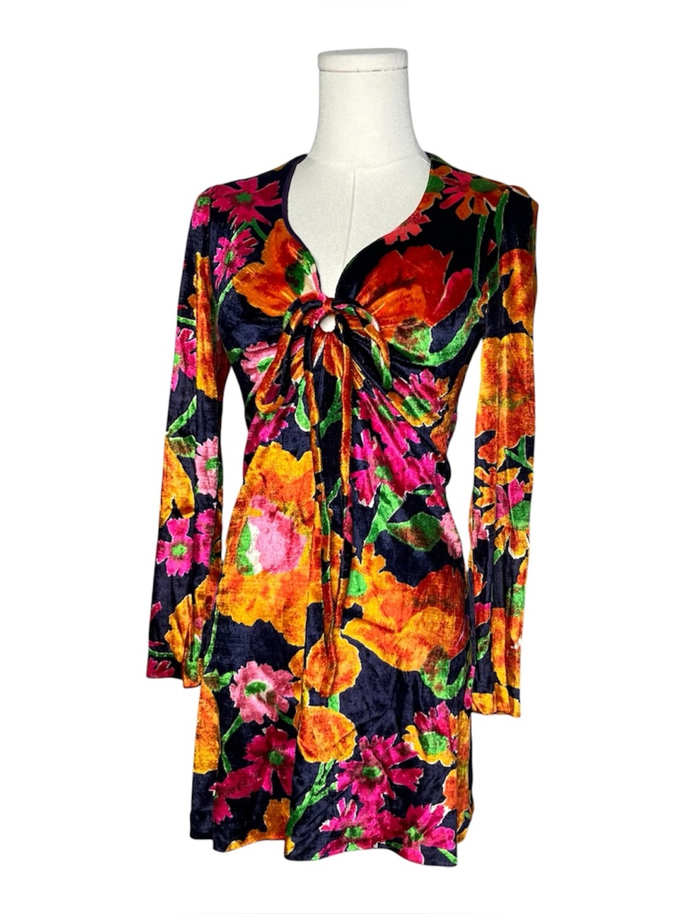 60s 70s Vintage Young Edwardian Bright Floral Velvet Long Sleeve Gogo Mini Dress